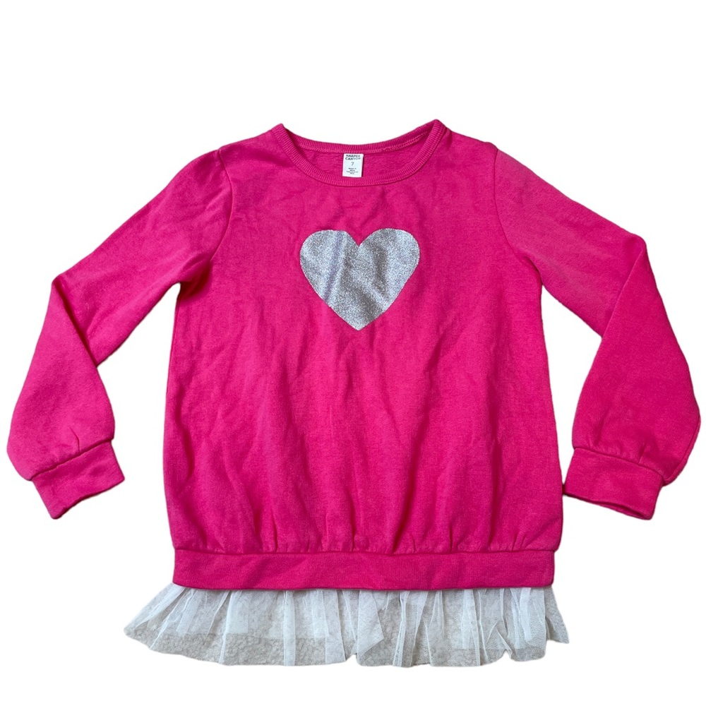 Harper Canyon Girl's Sz 7 Pink Crewneck Sweatshirt w/ Silver Heart & Tulle Trim